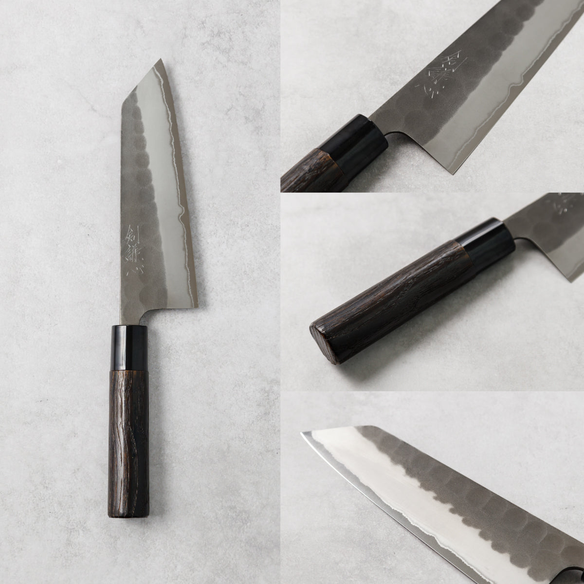 剣謙心 Stainless Steel Black Tsuchime Santoku Knife 165mm – Versatile Double-Bevel Chef’s Knife | White #2 Steel Core | Handmade in Tsubame-Sanjo