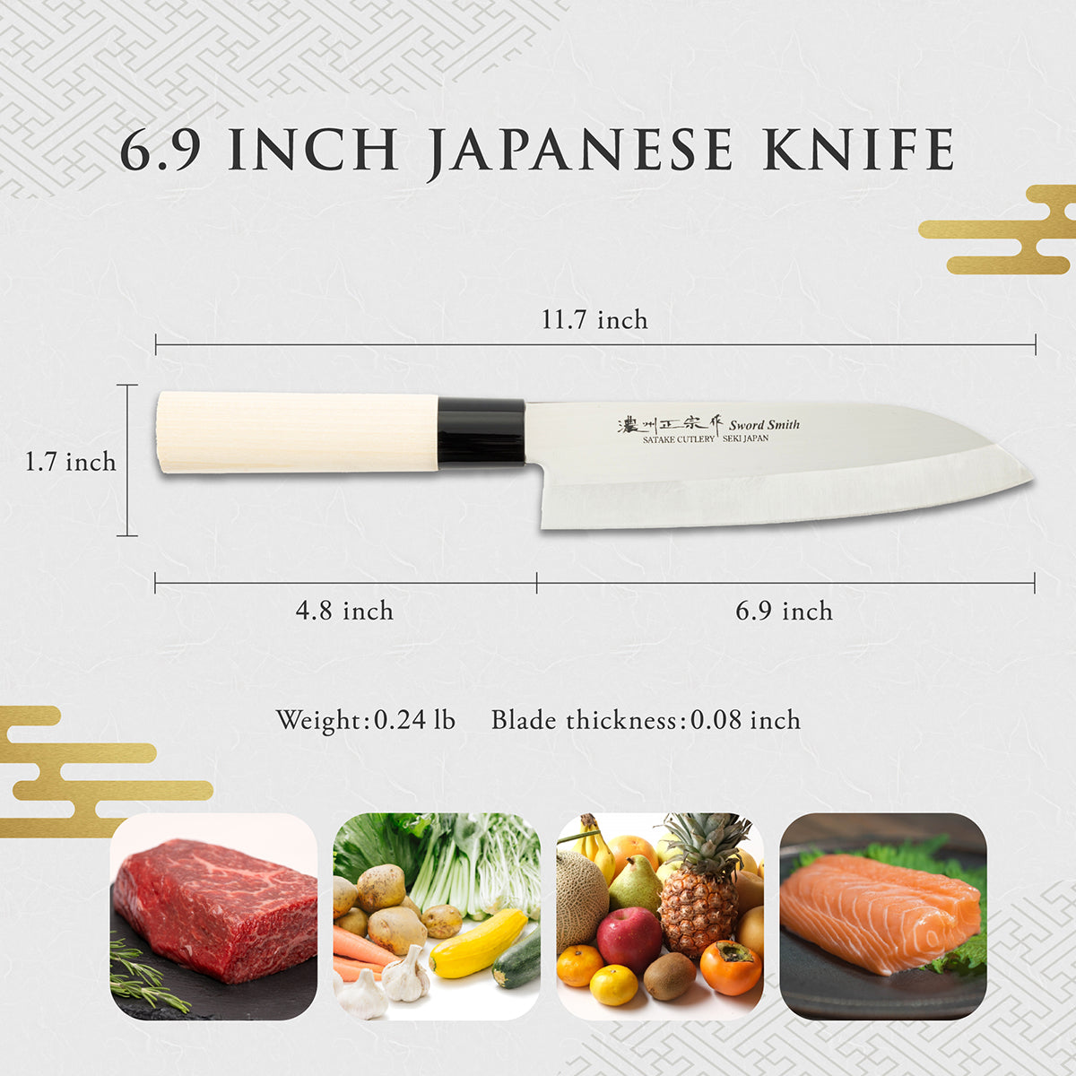 Santoku Knife, 6.9 Inch Japanese knife, Stainless Steel, 濃州正宗作, Handle: Untreated natural wood, Kitchen Knife, HOUCHO