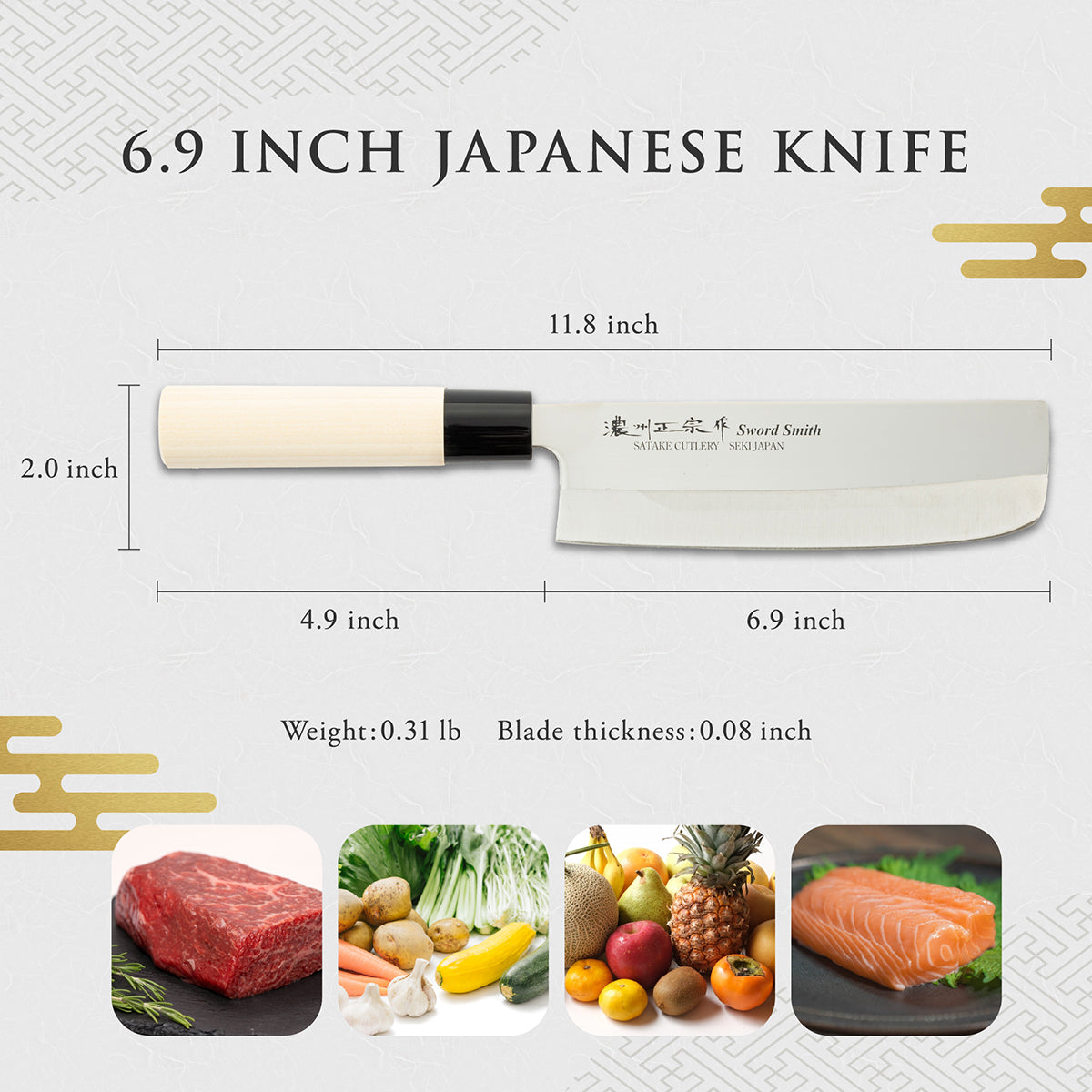 Vegetable Knife, 6.9 Inch Japanese knife, Stainless Steel, 濃州正宗作, Handle: Untreated natural wood, Kitchen Knife, HOUCHO