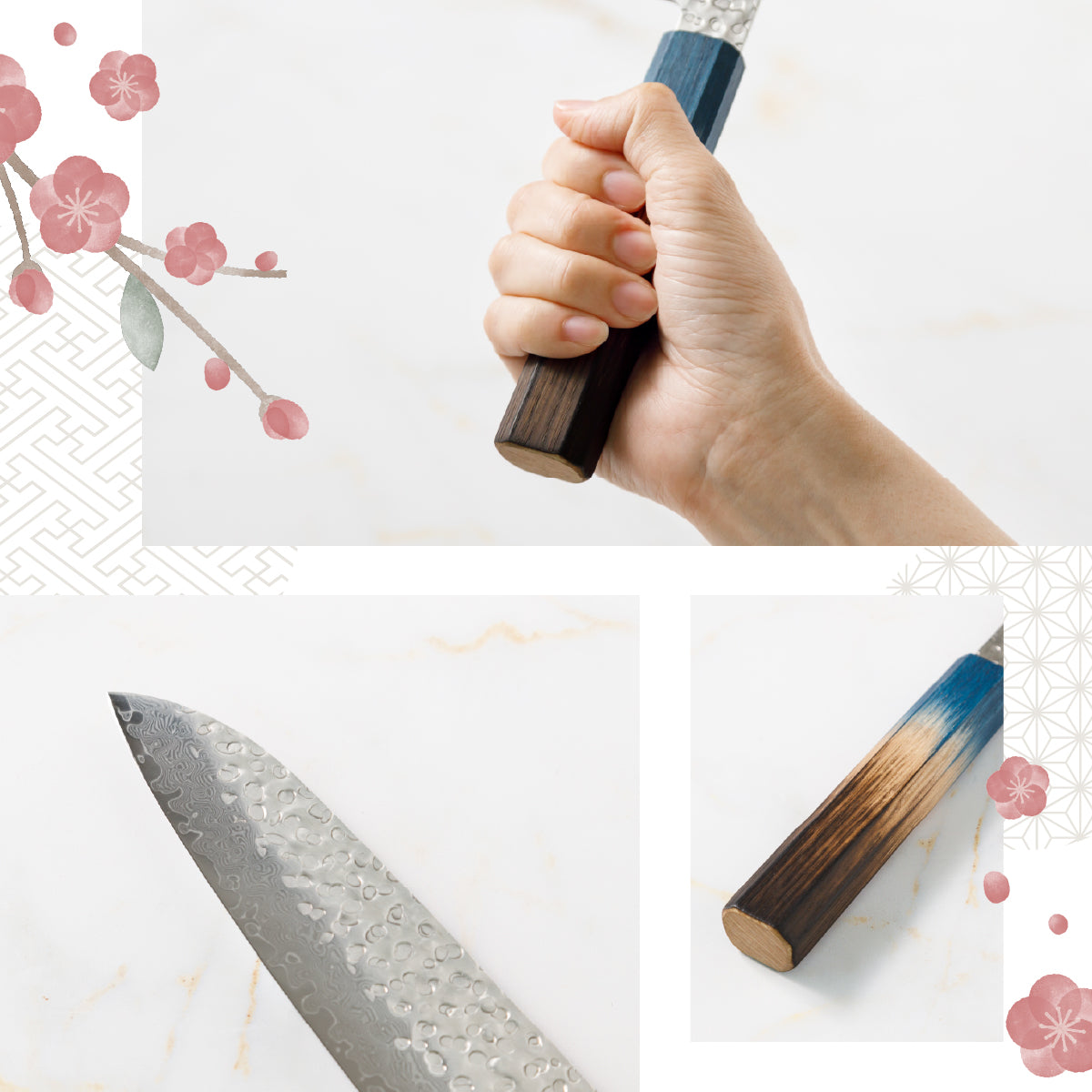 Santoku Knife, 7.1 Inch Japanese Kitchen Knives, 花刃包丁 堺, High Carbon Stainless Steel, Hammered Damascus, HOUCHO