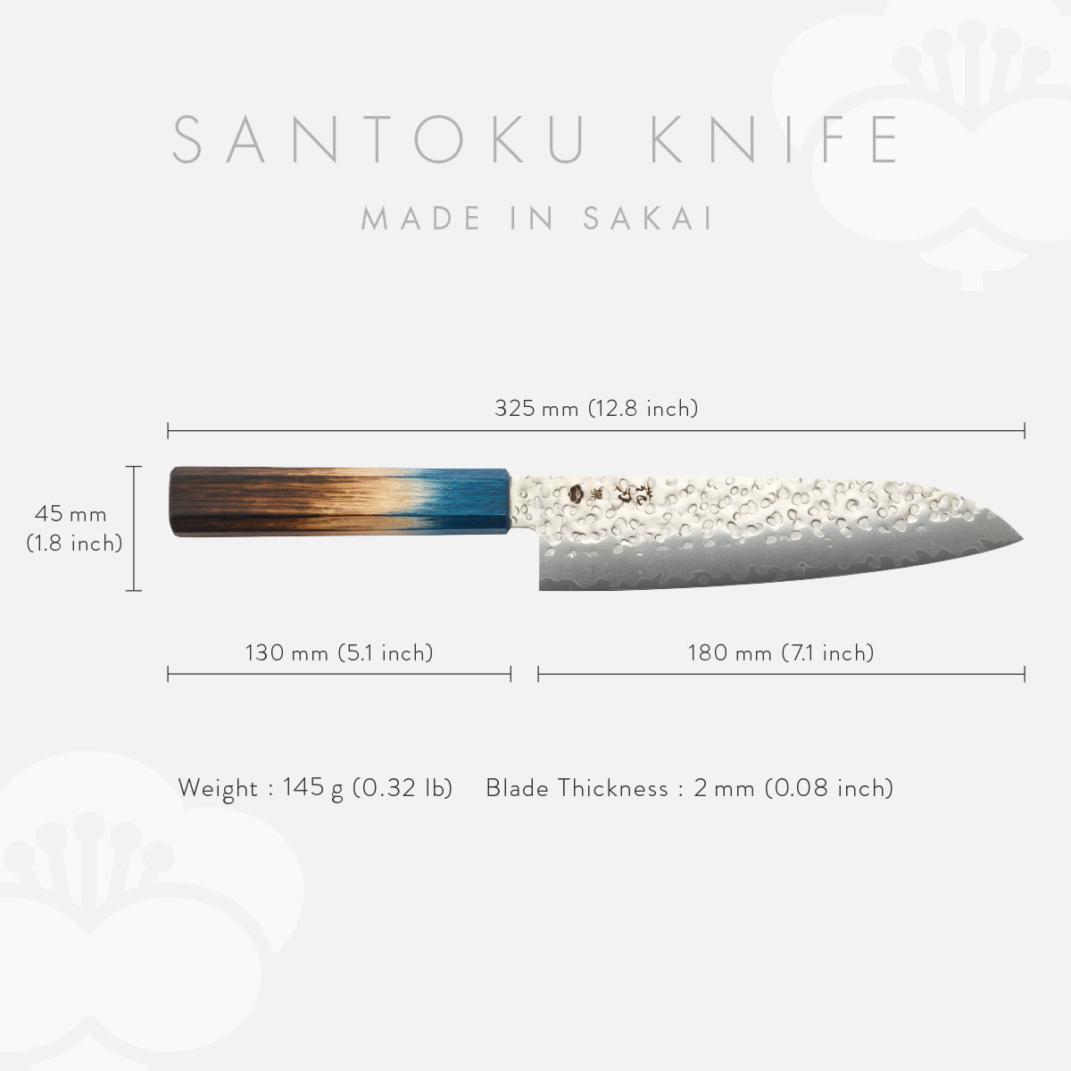 Santoku Knife, 7.1 Inch Japanese Kitchen Knives, 花刃包丁 堺, High Carbon Stainless Steel, Hammered Damascus, HOUCHO