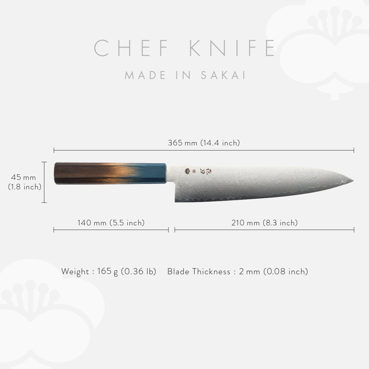 Chef Knife, 8.3 Inch Japanese Kitchen Knives, 花刃包丁 堺, High Carbon Stainless Steel, Polished Damascus, HOUCHO