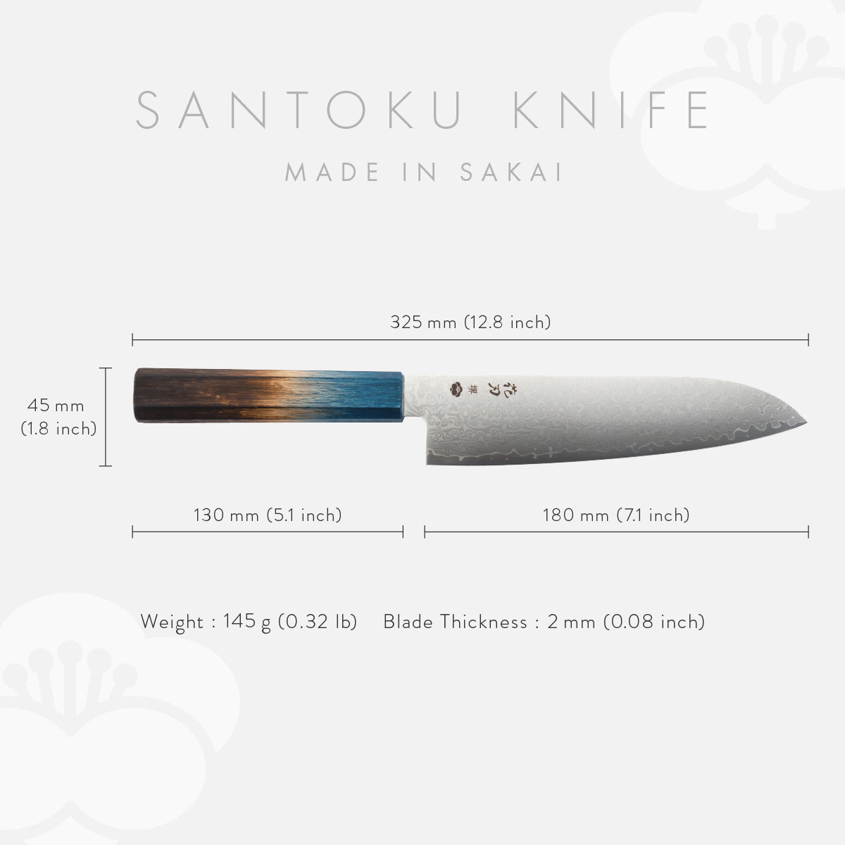 Santoku Knife, 7.1 Inch Japanese Kitchen Knives, 花刃包丁 堺, High Carbon Stainless Steel, Polished Damascus, HOUCHO