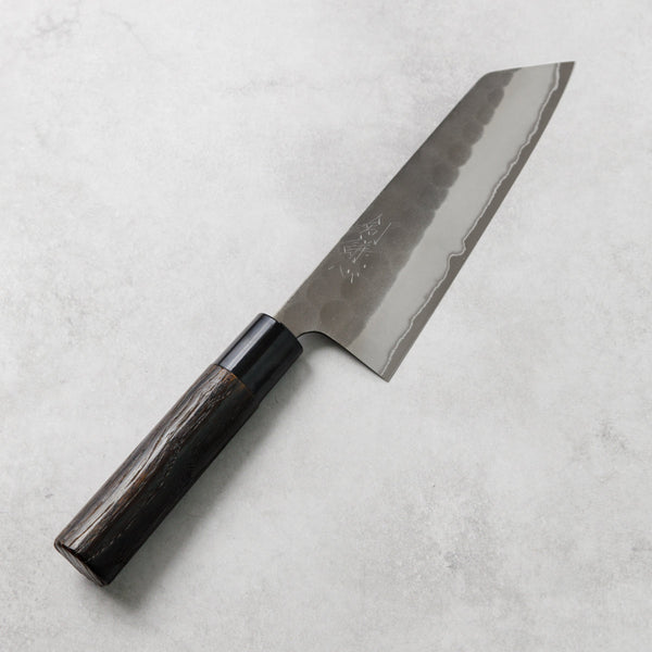 剣謙心 Stainless Steel Black Tsuchime Santoku Knife 165mm – Versatile Double-Bevel Chef’s Knife | White #2 Steel Core | Handmade in Tsubame-Sanjo