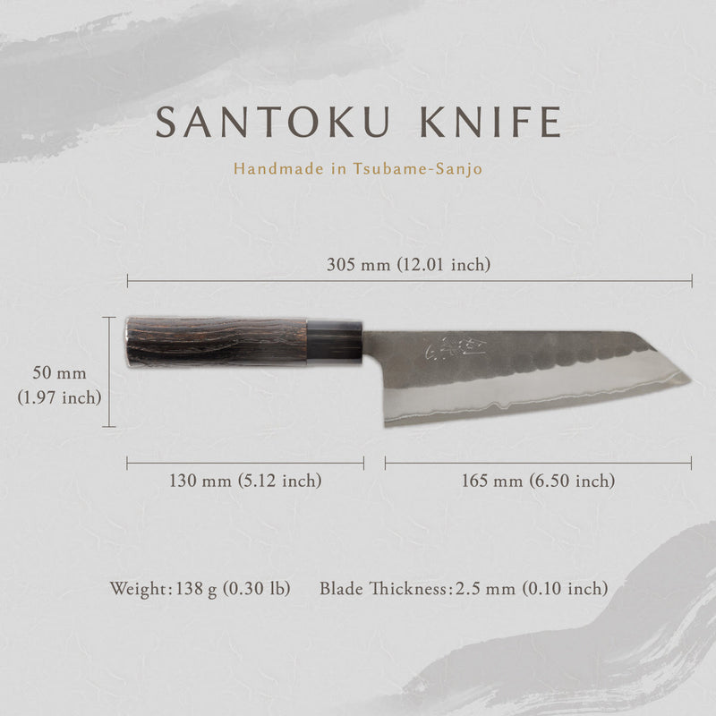 剣謙心 Stainless Steel Black Tsuchime Santoku Knife 165mm – Versatile Double-Bevel Chef’s Knife | White #2 Steel Core | Handmade in Tsubame-Sanjo
