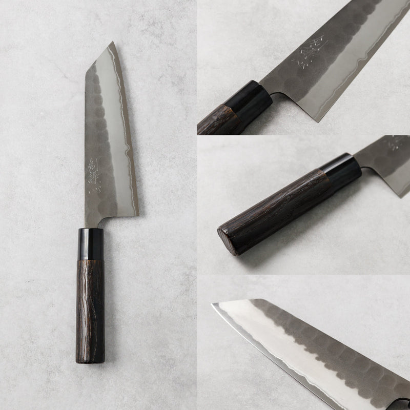 剣謙心 Stainless Steel Black Tsuchime Santoku Knife 165mm – Versatile Double-Bevel Chef’s Knife | White #2 Steel Core | Handmade in Tsubame-Sanjo