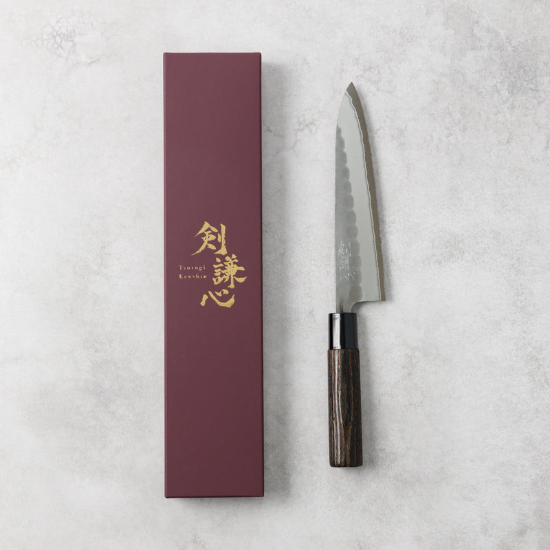 剣謙心 Stainless Steel Black Tsuchime Gyuto Knife 180mm – Versatile Double-Bevel Chef’s Knife | White #2 Steel Core | Handmade in Tsubame-Sanjo