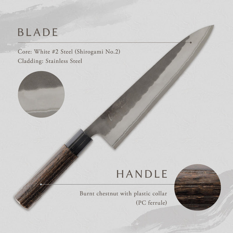 剣謙心 Stainless Steel Black Tsuchime Gyuto Knife 210mm – Versatile Double-Bevel Chef’s Knife | White #2 Steel Core | Handmade in Tsubame-Sanjo