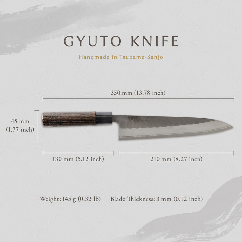 剣謙心 Stainless Steel Black Tsuchime Gyuto Knife 210mm – Versatile Double-Bevel Chef’s Knife | White #2 Steel Core | Handmade in Tsubame-Sanjo
