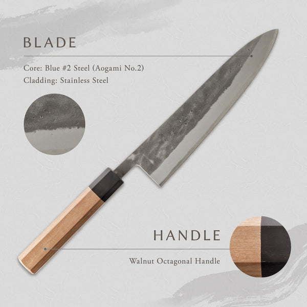 剣謙心 Stainless Steel Nashiji Gyuto Knife 210mm – Versatile Double-Bevel Chef’s Knife | Blue #2 Steel Core | Handmade in Tsubame-Sanjo