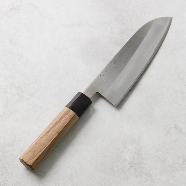 剣謙心 Stainless Steel Polished Santoku Knife 165mm – Versatile Double-Bevel Chef’s Knife | Blue #2 Steel Core | Handmade in Tsubame-Sanjo
