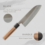 剣謙心 Stainless Steel Polished Santoku Knife 165mm – Versatile Double-Bevel Chef’s Knife | Blue #2 Steel Core | Handmade in Tsubame-Sanjo