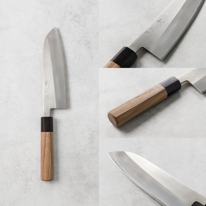 剣謙心 Stainless Steel Polished Santoku Knife 165mm – Versatile Double-Bevel Chef’s Knife | Blue #2 Steel Core | Handmade in Tsubame-Sanjo