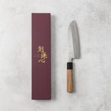 剣謙心 Stainless Steel Polished Santoku Knife 165mm – Versatile Double-Bevel Chef’s Knife | Blue #2 Steel Core | Handmade in Tsubame-Sanjo