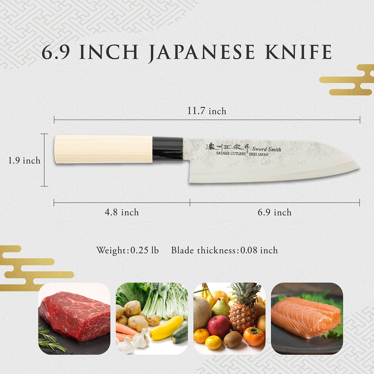Santoku Knife, 6.9 Inch Japanese knife, Stainless Steel, 濃州正宗作, Nashiji, Handle: Untreated natural wood, Kitchen Knife, HOUCHO
