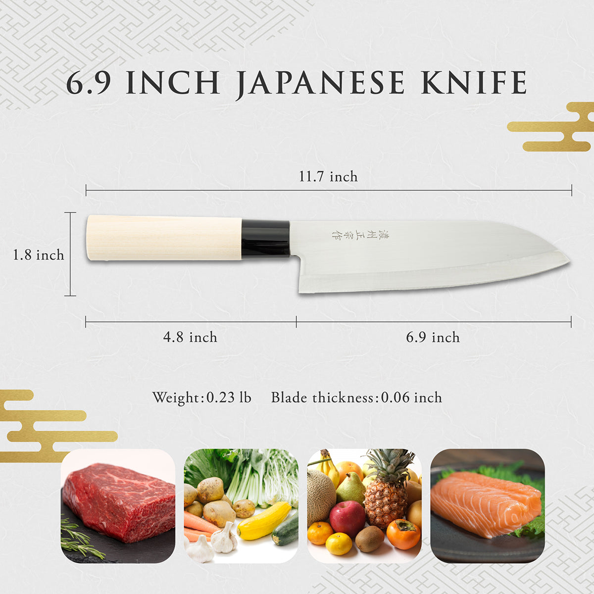 Santoku Knife, 6.9 Inch Japanese knife, Stainless Steel, 濃州正宗作, Handle: Untreated natural wood, Kitchen Knife, HOUCHO