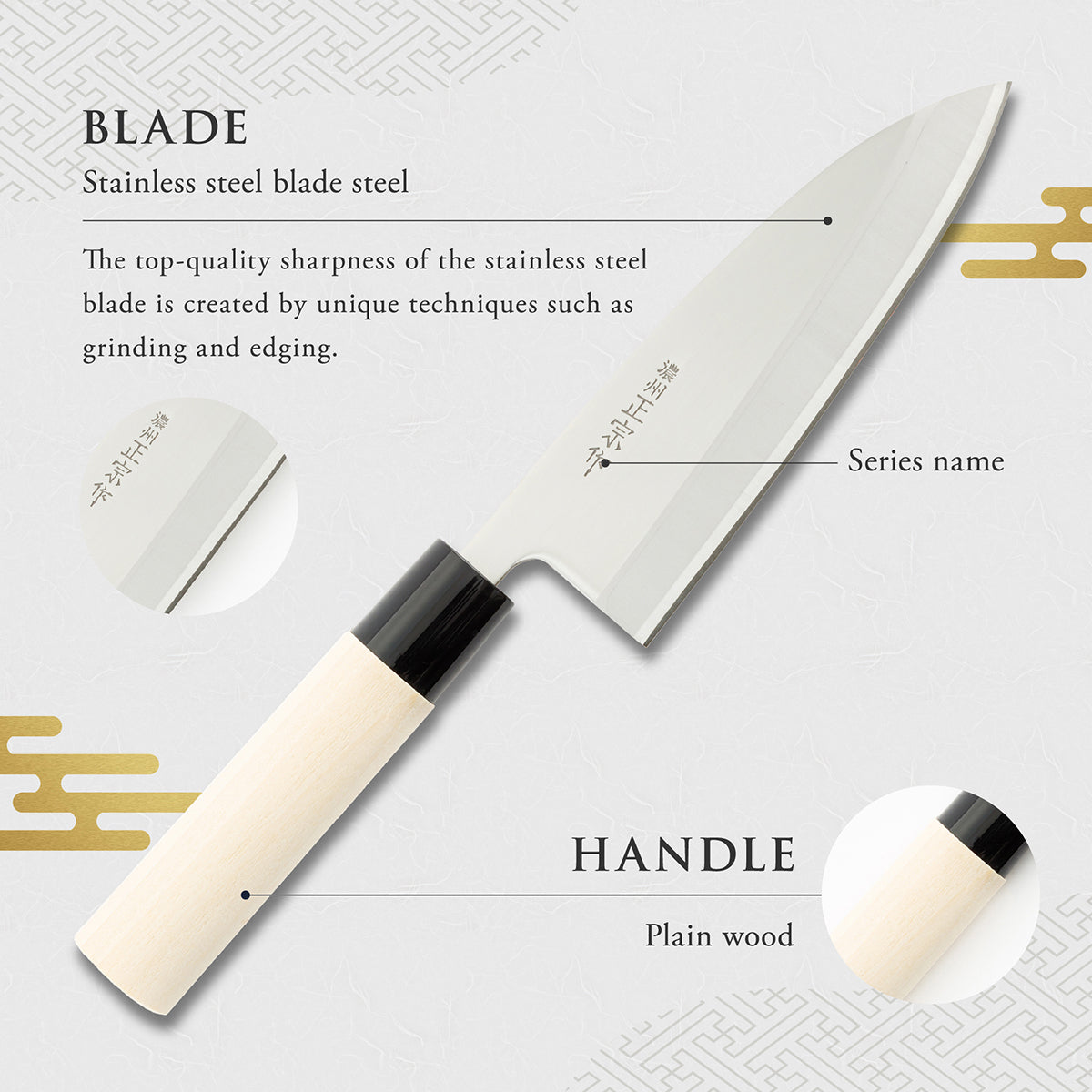 Deba Knife, 6.5 Inch Japanese knife, Stainless Steel, 濃州正宗作, Handle: Untreated natural wood, Kitchen Knife, HOUCHO