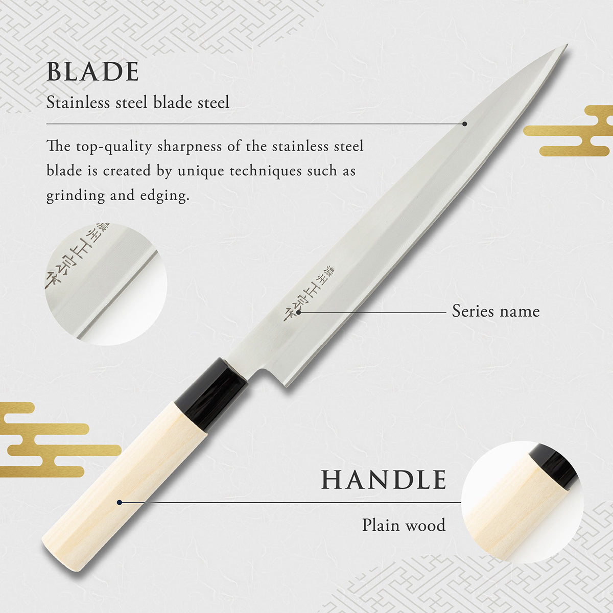 Sashimi Knife, 8.3 Inch Japanese knife, Stainless Steel, 濃州正宗作, Handle: Untreated natural wood, Kitchen Knife, HOUCHO
