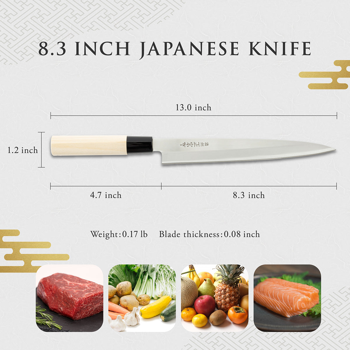 Sashimi Knife, 8.3 Inch Japanese knife, Stainless Steel, 濃州正宗作, Handle: Untreated natural wood, Kitchen Knife, HOUCHO