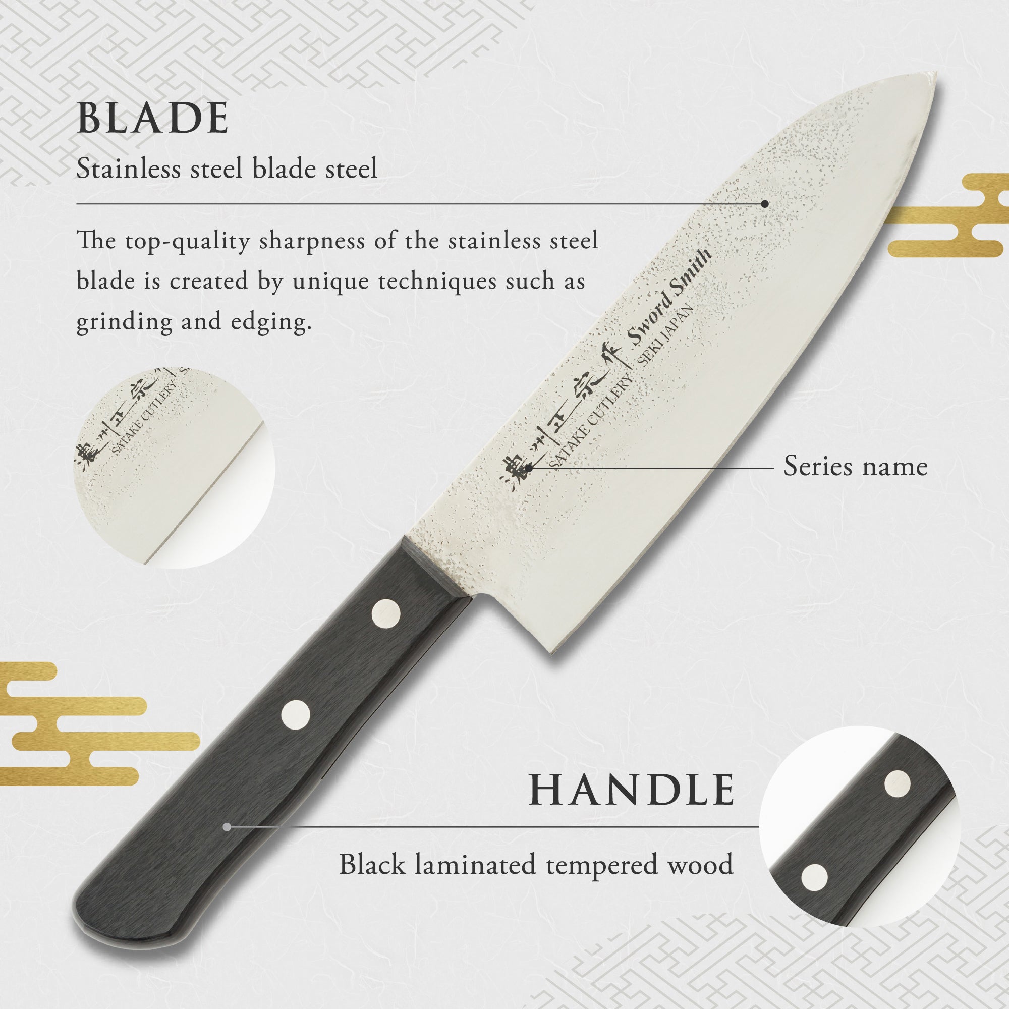 Santoku Knife, 6.5 Inch Japanese knife, Stainless Steel, 濃州正宗作, Nashiji, Kitchen Knife, HOUCHO