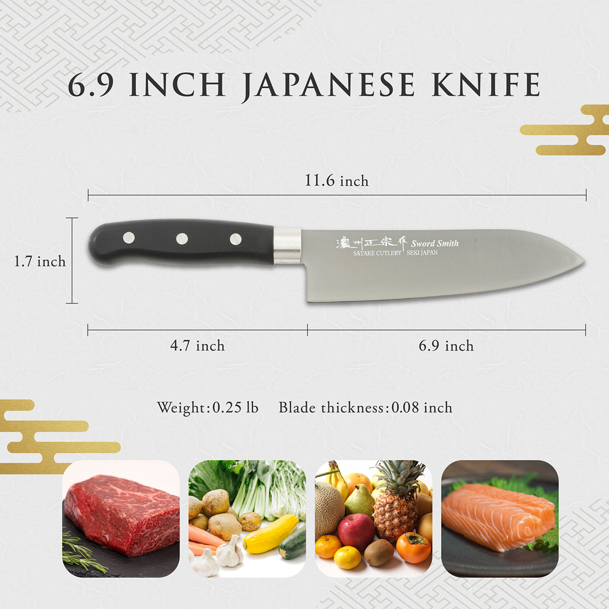 Santoku Knife, 6.9 Inch Japanese knife, Titanium Coating, 濃州正宗作, Stainless Steel, Kitchen knife, HOUCHO