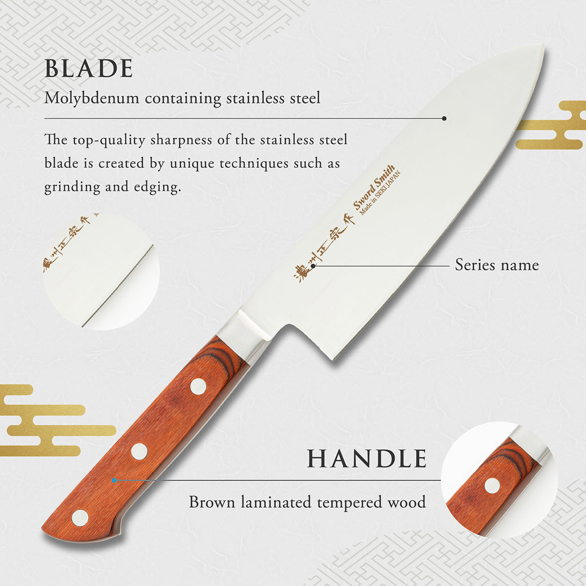 Santoku Knife, 6.9 Inch Japanese knife, 濃州正宗作, Stainless Steel, Kitchen knife, HOUCHO