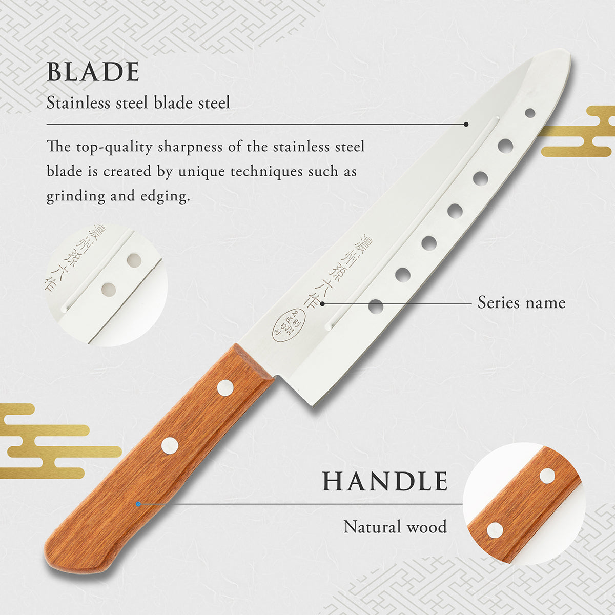 Perforated Knife, 7.1 Inch Japanese knife, Stainless Steel, 濃州孫六作, Handle: Natural wood, Kitchen Knife, HOUCHO