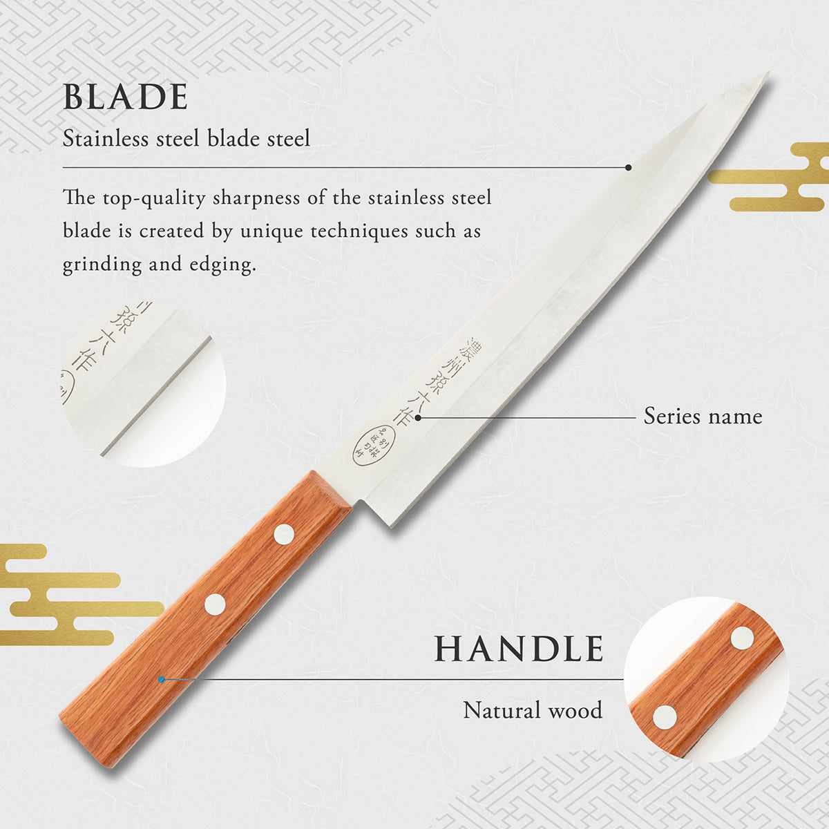 Sashimi Knife, 7.9 Inch Japanese knife, Stainless Steel, 濃州孫六作, Handle: Natural wood, Kitchen Knife, HOUCHO