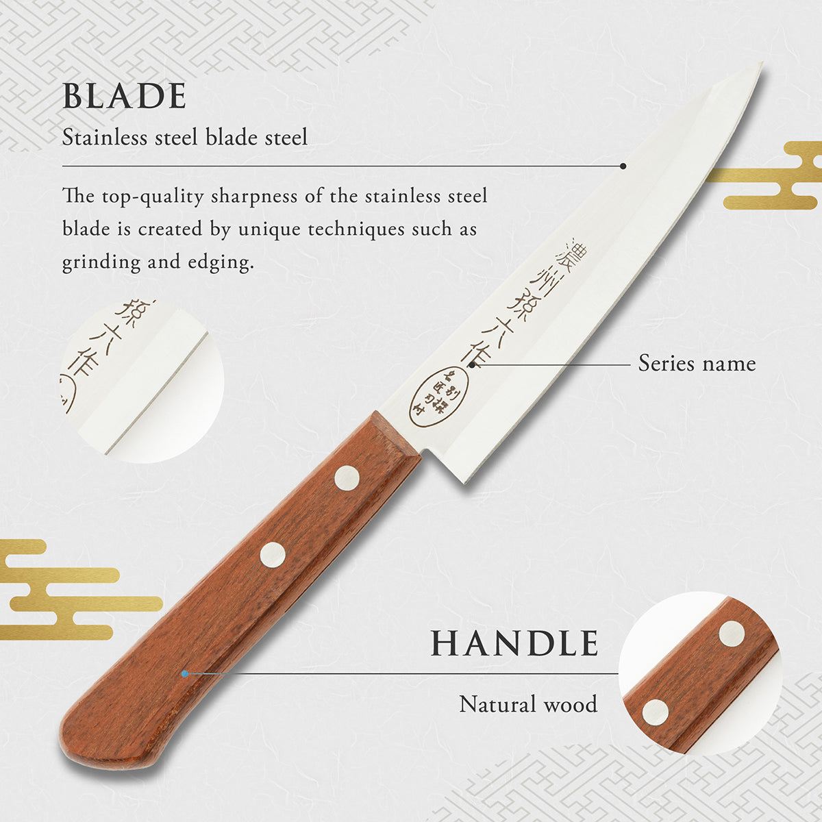 Petty Knife, 4.7 Inch Japanese knife, Stainless Steel, 濃州孫六作, Handle: Natural wood, Kitchen Knife, HOUCHO