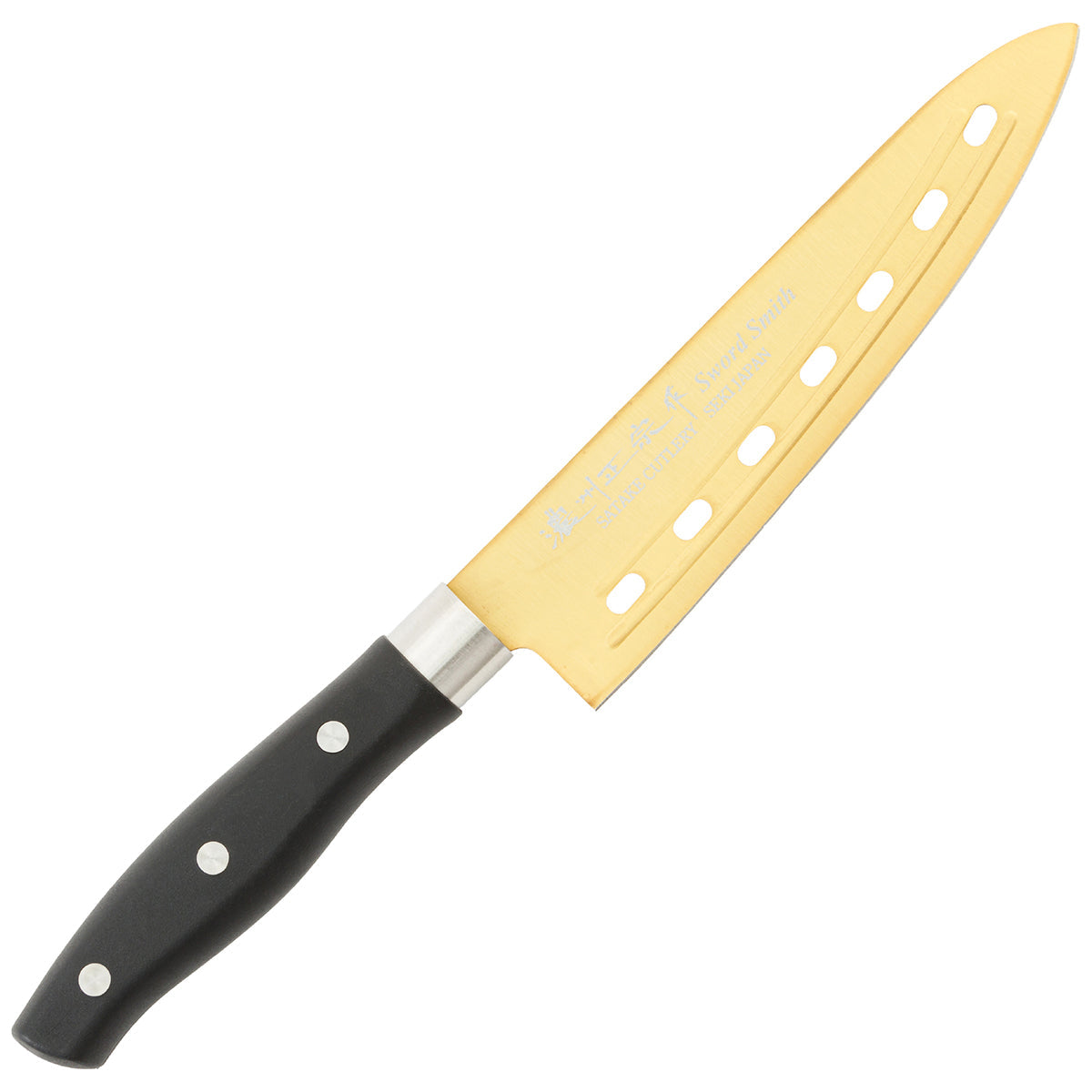 Perforated Knife, 6.7 Inch Japanese knife, Stainless Steel, 濃州正宗作, gold titanium coating, Kitchen Knife, HOUCHO