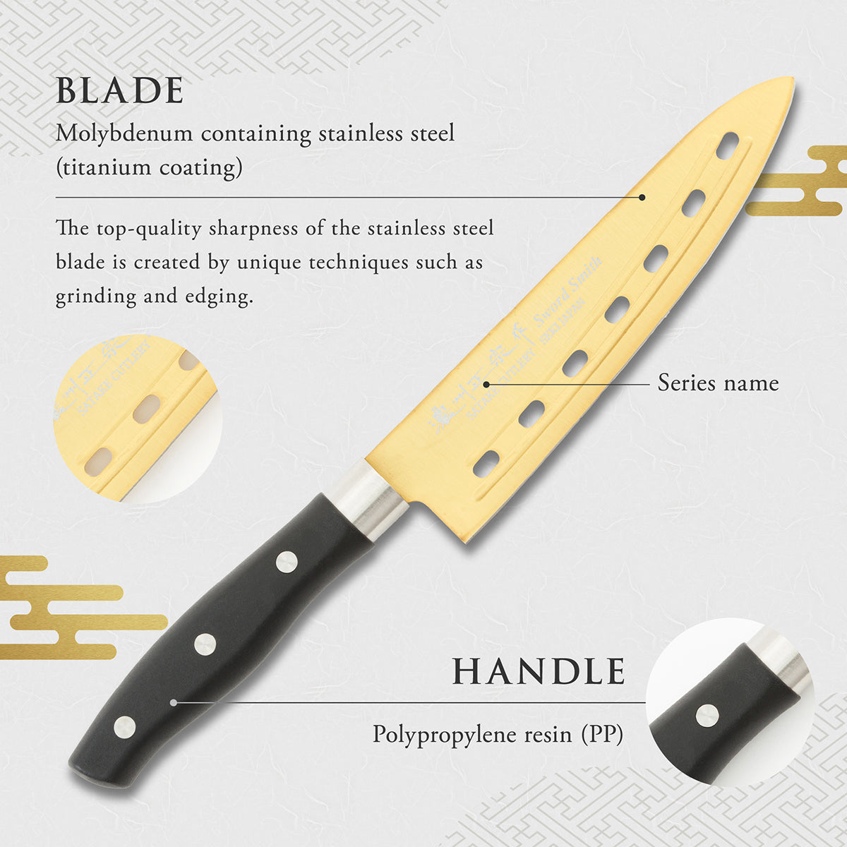 Perforated Knife, 6.7 Inch Japanese knife, Stainless Steel, 濃州正宗作, gold titanium coating, Kitchen Knife, HOUCHO