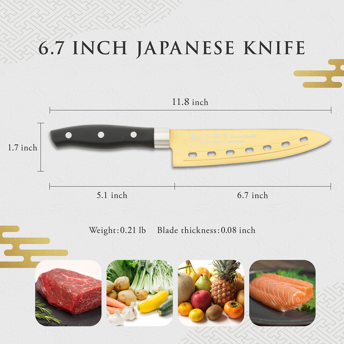 Perforated Knife, 6.7 Inch Japanese knife, Stainless Steel, 濃州正宗作, gold titanium coating, Kitchen Knife, HOUCHO