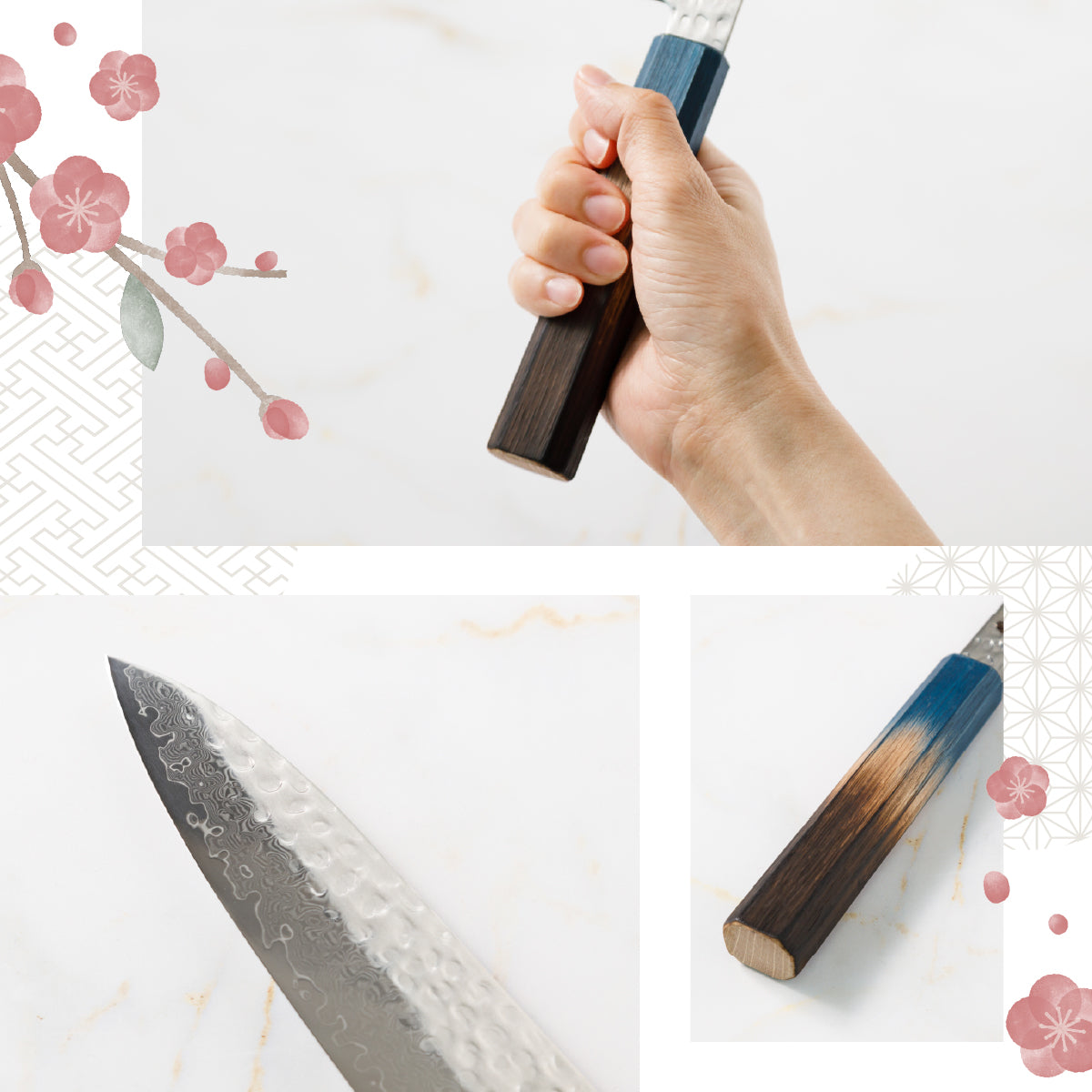 Chef Knife, 8.3 Inch Japanese Kitchen Knives, 花刃包丁 堺, High Carbon Stainless Steel, Hammered Damascus, HOUCHO