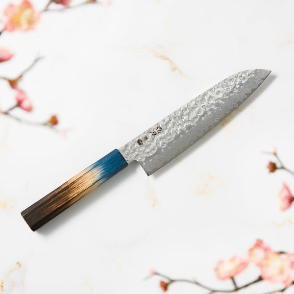 Santoku Knife, 7.1 Inch Japanese Kitchen Knives, 花刃包丁 堺, High Carbon Stainless Steel, Hammered Damascus, HOUCHO