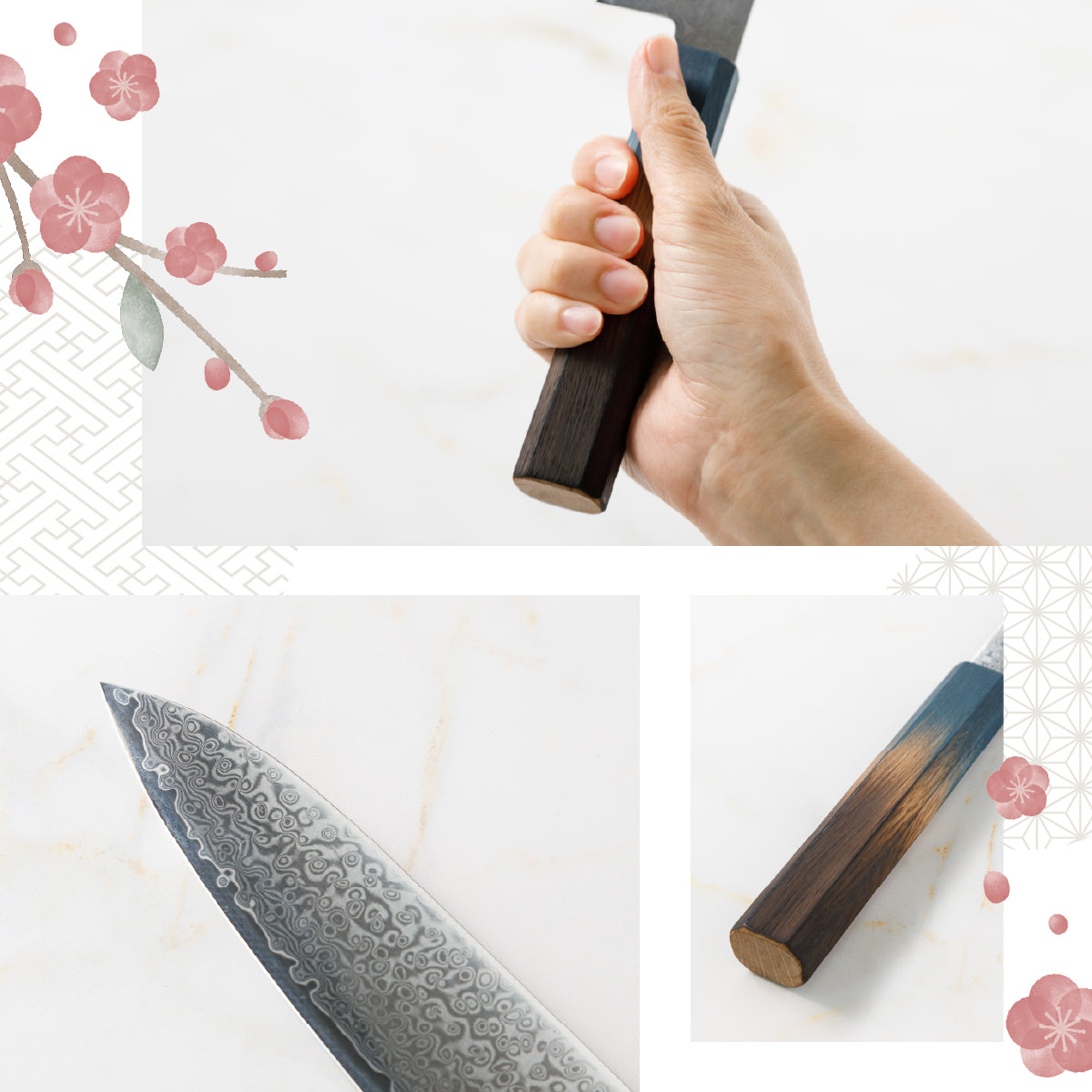 Chef Knife, 8.3 Inch Japanese Kitchen Knives, 花刃包丁 堺, High Carbon Stainless Steel, Polished Damascus, HOUCHO