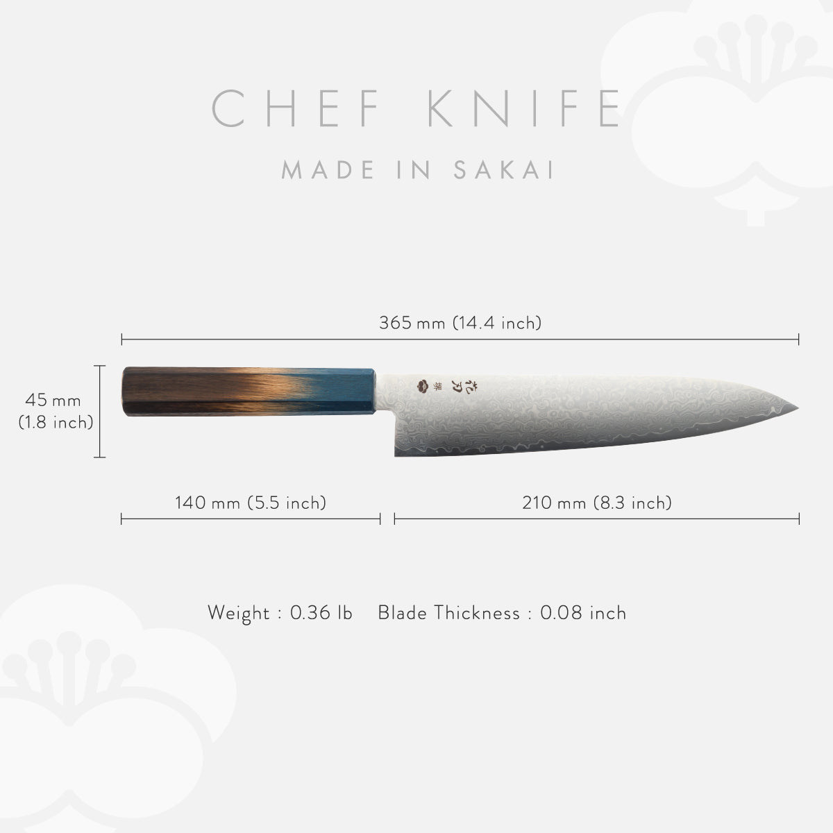 Chef Knife, 8.3 Inch Japanese Kitchen Knives, 花刃包丁 堺, High Carbon Stainless Steel, Polished Damascus, HOUCHO