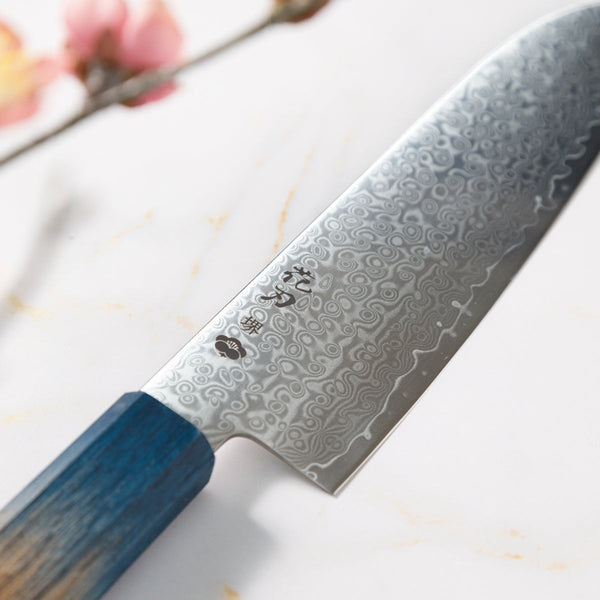 Santoku Knife, 7.1 Inch Japanese Kitchen Knives, 花刃包丁 堺, High Carbon Stainless Steel, Polished Damascus, HOUCHO