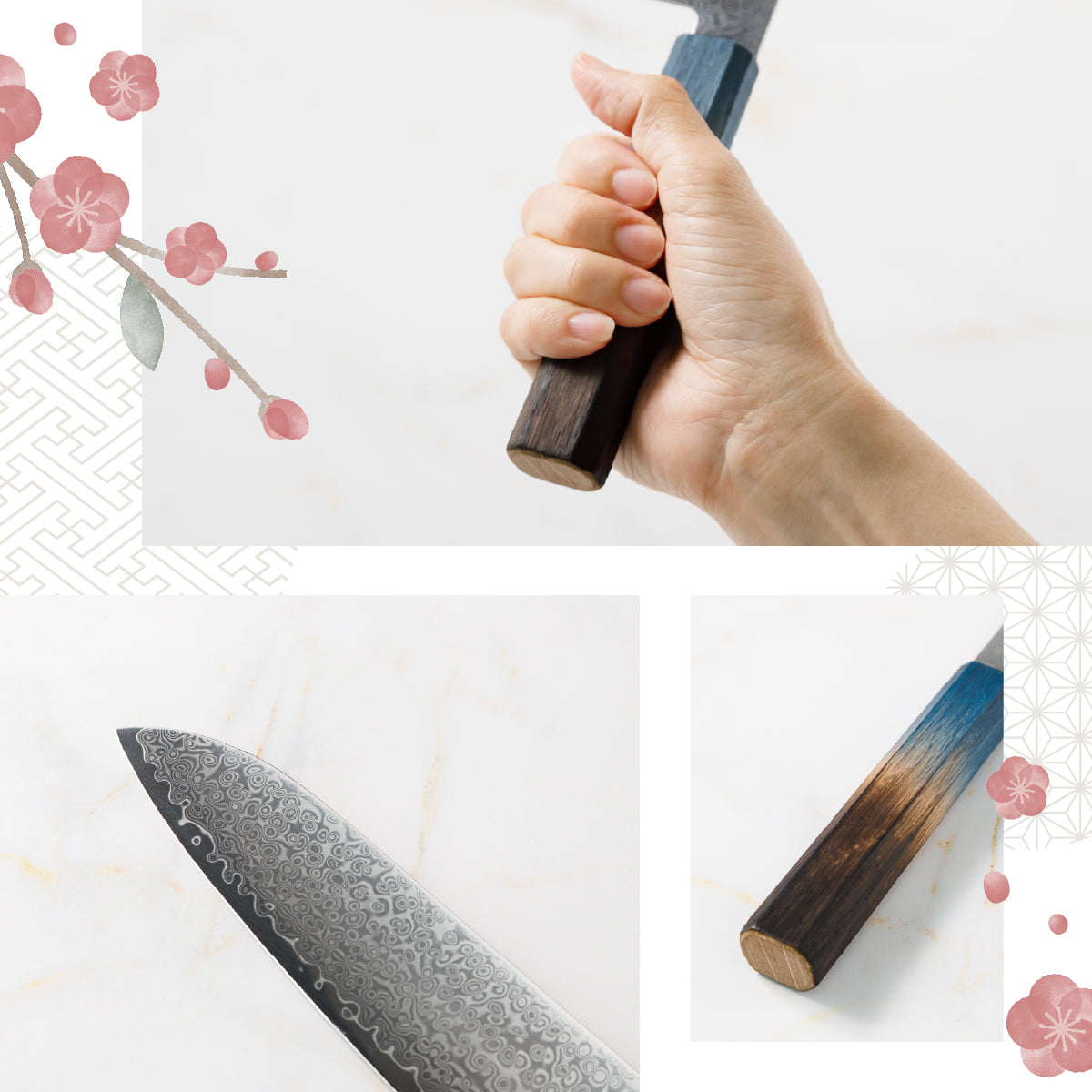 Santoku Knife, 7.1 Inch Japanese Kitchen Knives, 花刃包丁 堺, High Carbon Stainless Steel, Polished Damascus, HOUCHO